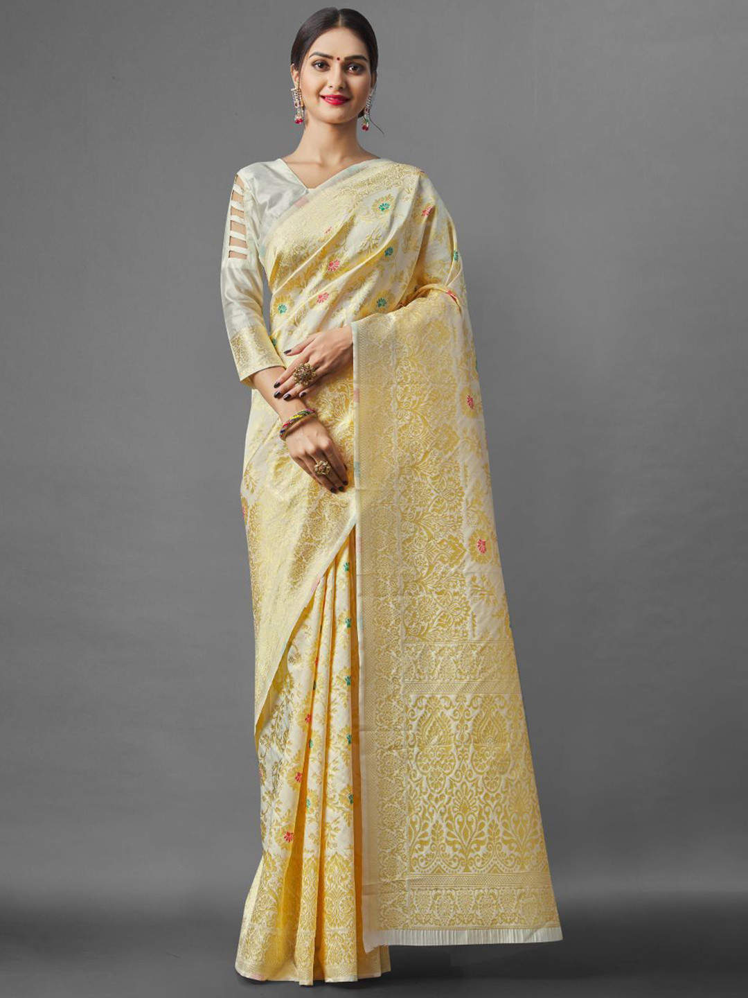 

Jinax Woven Design Zari Pure Silk Banarasi Saree, Cream