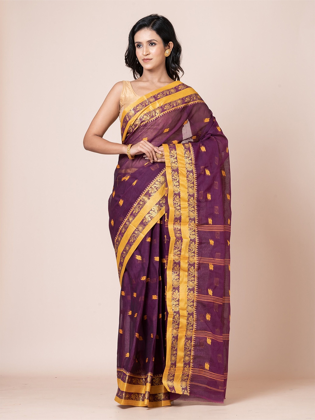 

PUKU Ethnic Motifs Woven Design Pure Cotton Taant Saree, Purple
