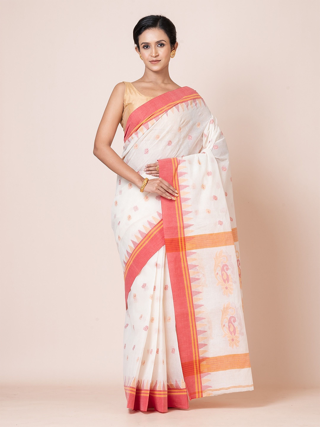 

PUKU Ethnic Motifs Printed Pure Cotton Saree, Off white