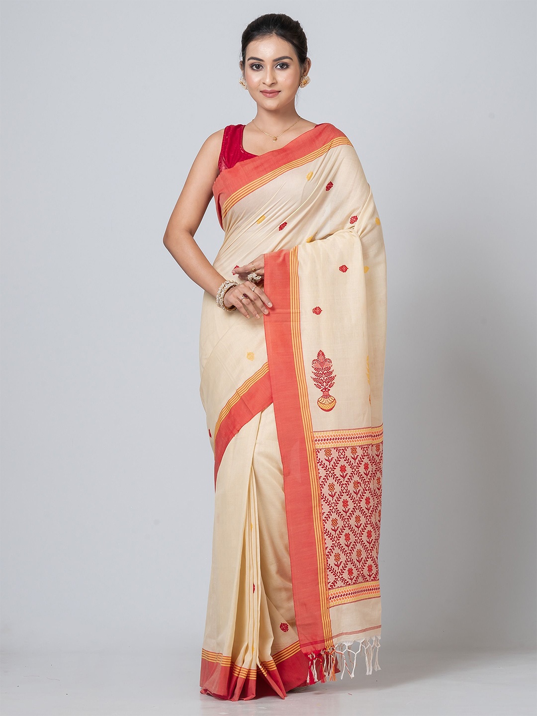 

PUKU Ethnic Motifs Pure Cotton Heavy Work Saree, Beige