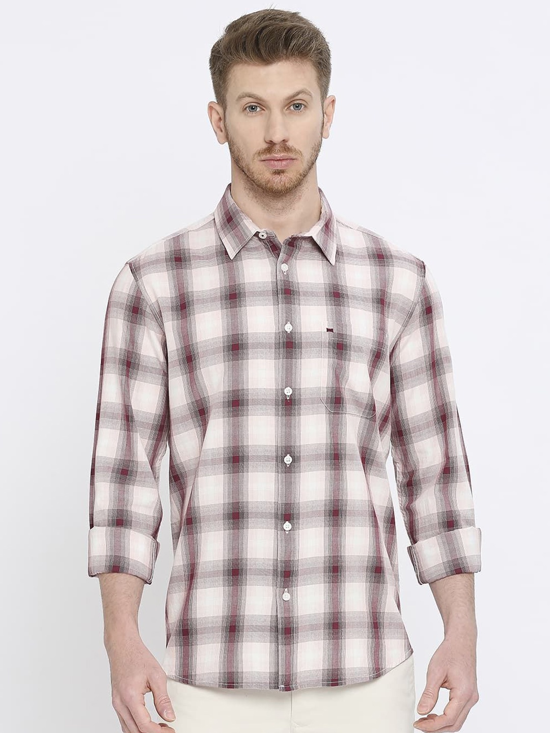 

Basics Men Slim Fit Shepherd Checks Opaque Checked Casual Shirt, Red