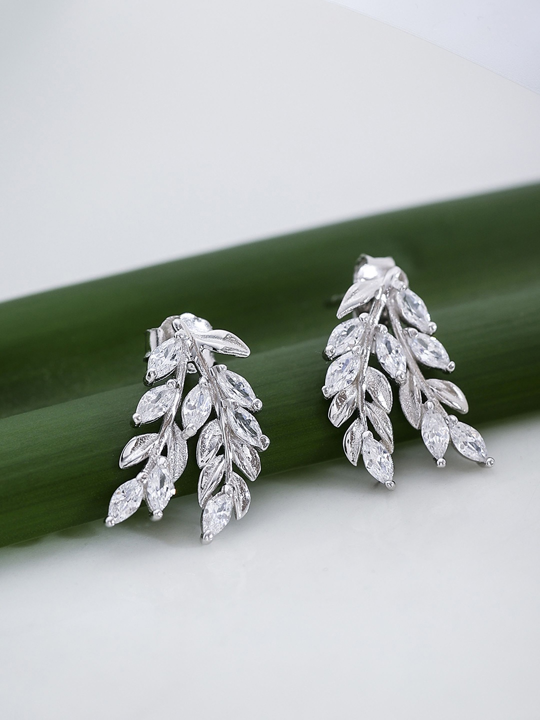 

DIAVO Rhodium Plated 925 Sterling Silver CZ Studded Contemporary Studs Earrings