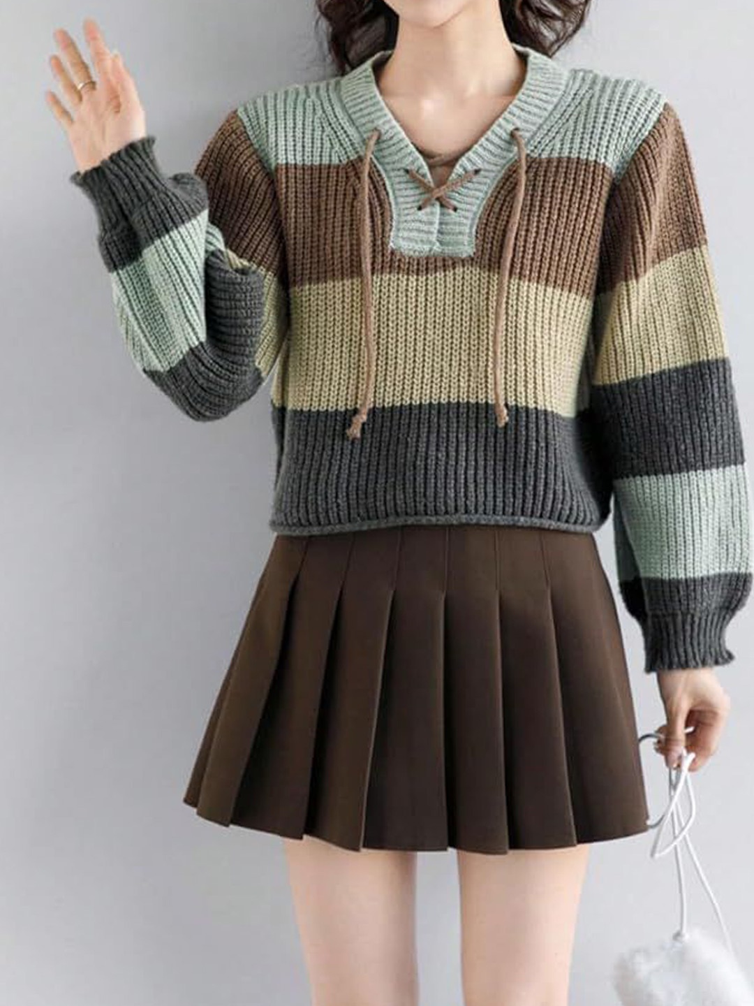 

StyleCast Striped Mandarin Collar Woollen Top, Multi