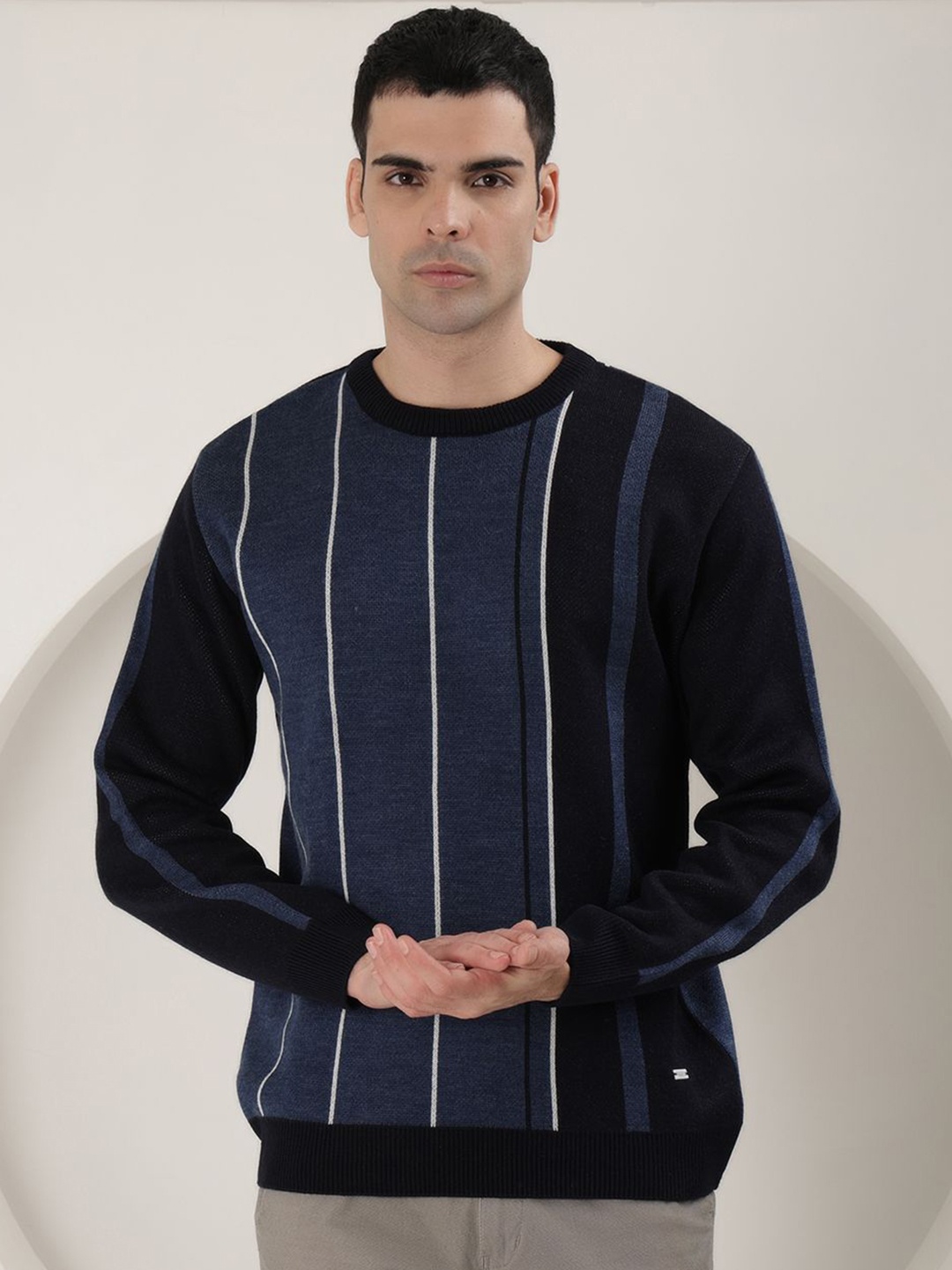 

COBB Men Striped Round Neck Pullover, Blue