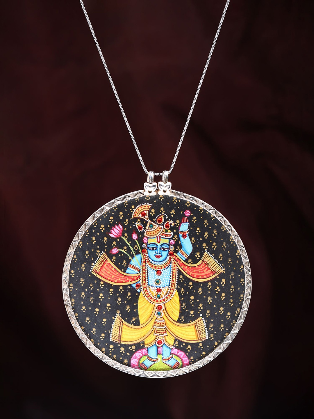 

Exotic India Round Shape Hand Painted Shrinathji Pendant in Sterling Silver