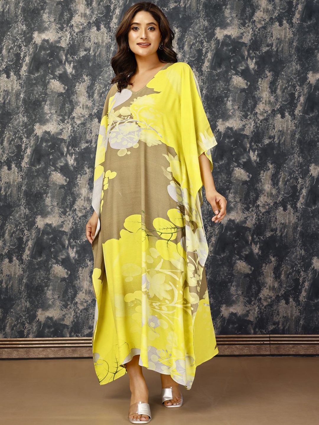 

Komarri U Women Floral Print Slit Sleeve Kaftan Midi Dress, Yellow