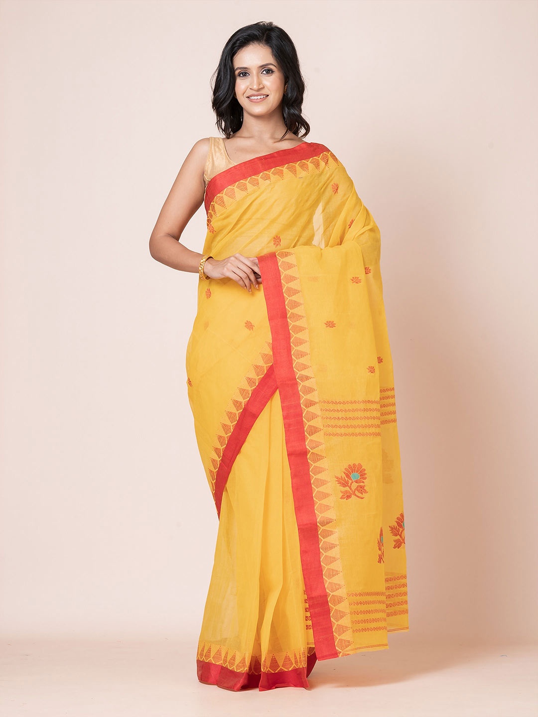 

PUKU Woven Design Pure Cotton Saree, Yellow
