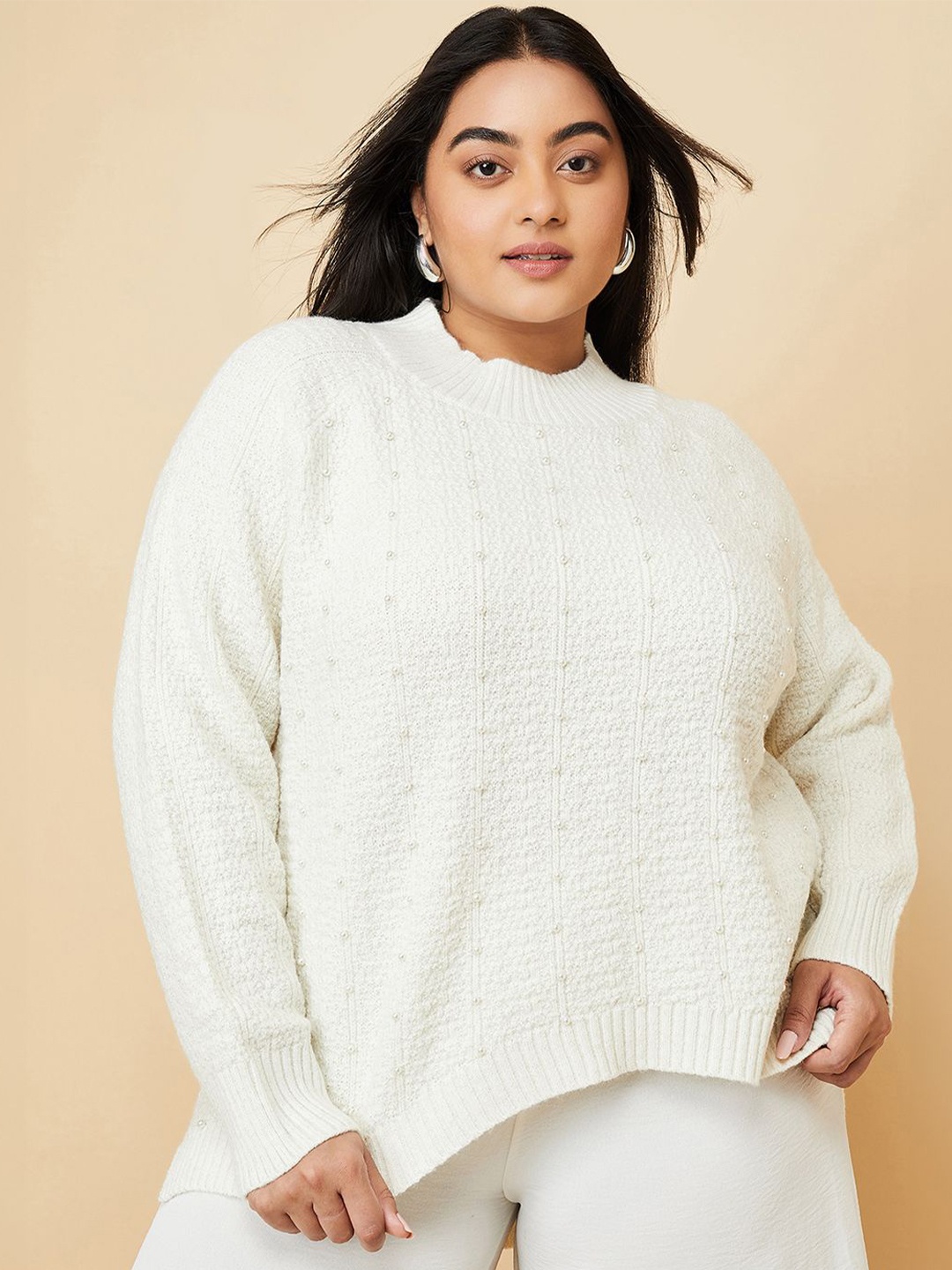 

max Women Striped Round Neck Pullover with Embellished Detail, Beige