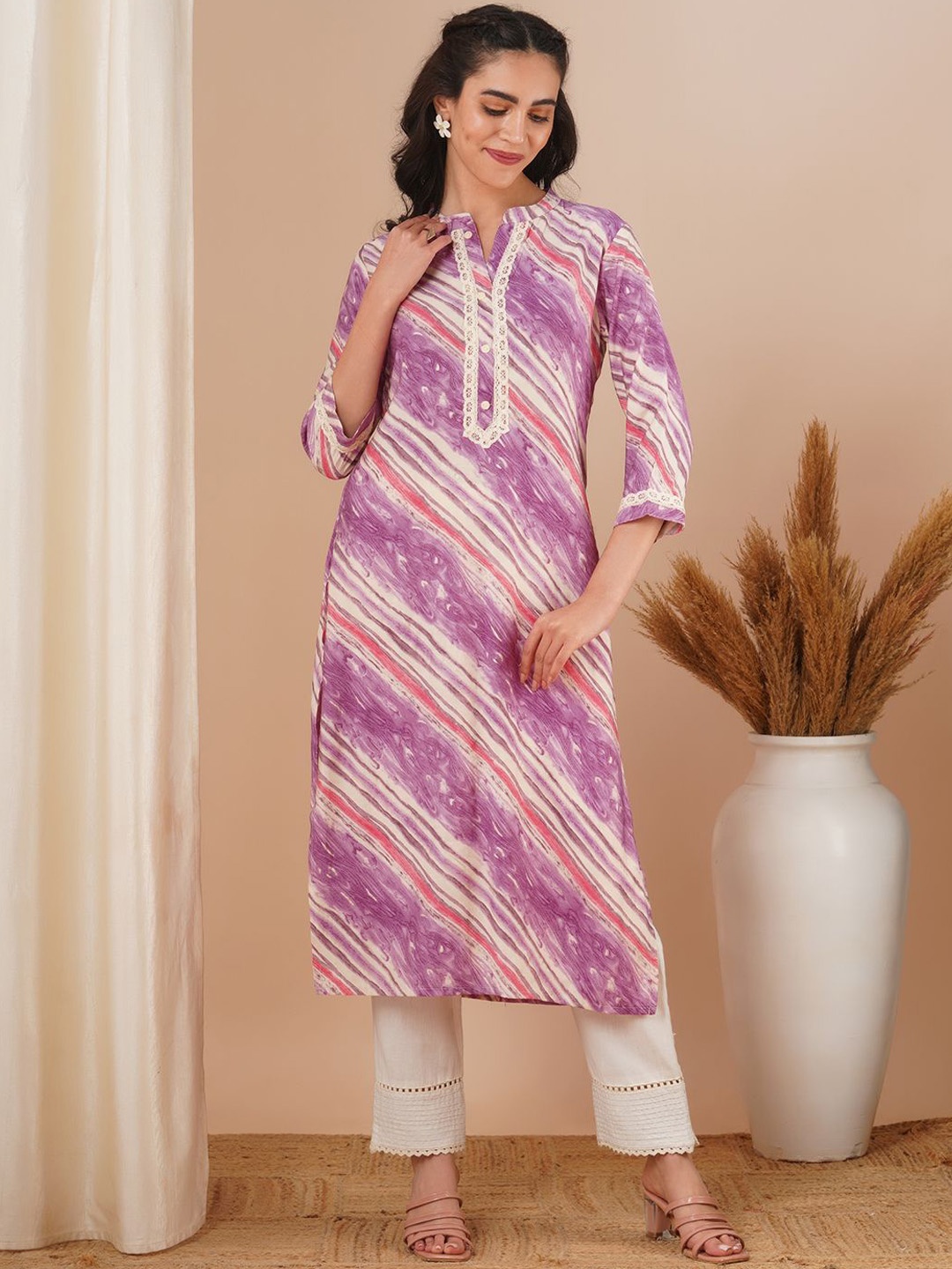 

FASHOR Women Striped Straight Fit Kurta, Purple