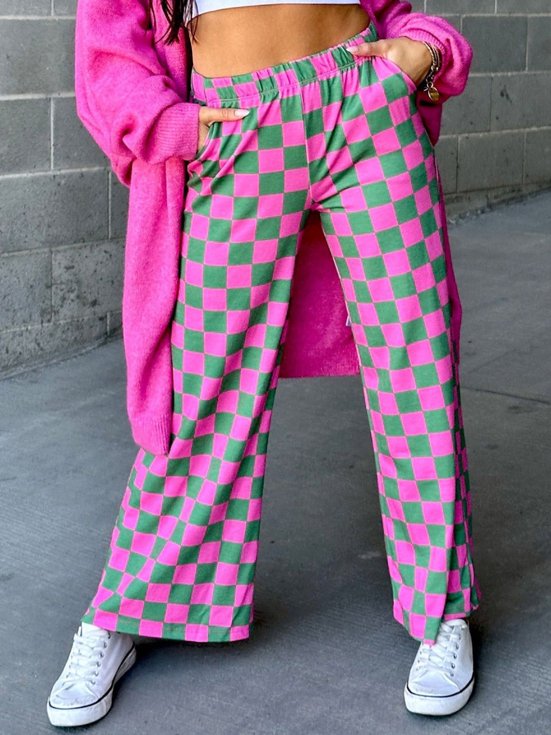 

StyleCast Women Checked Mid-Rise Wide Leg Trousers, Pink