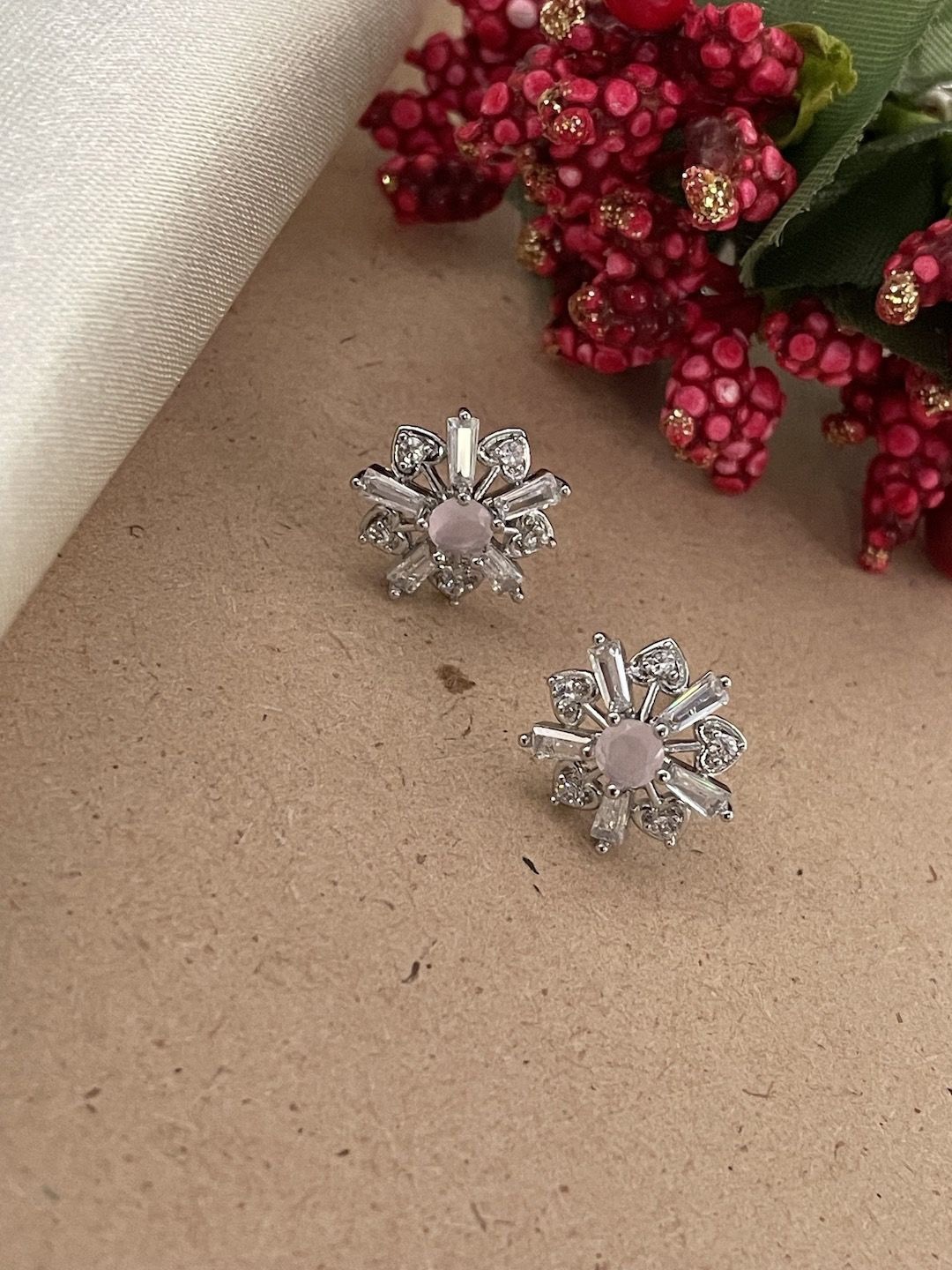 

Digital Dress Room Silver Plated CZ Studded Floral Studs Earrings