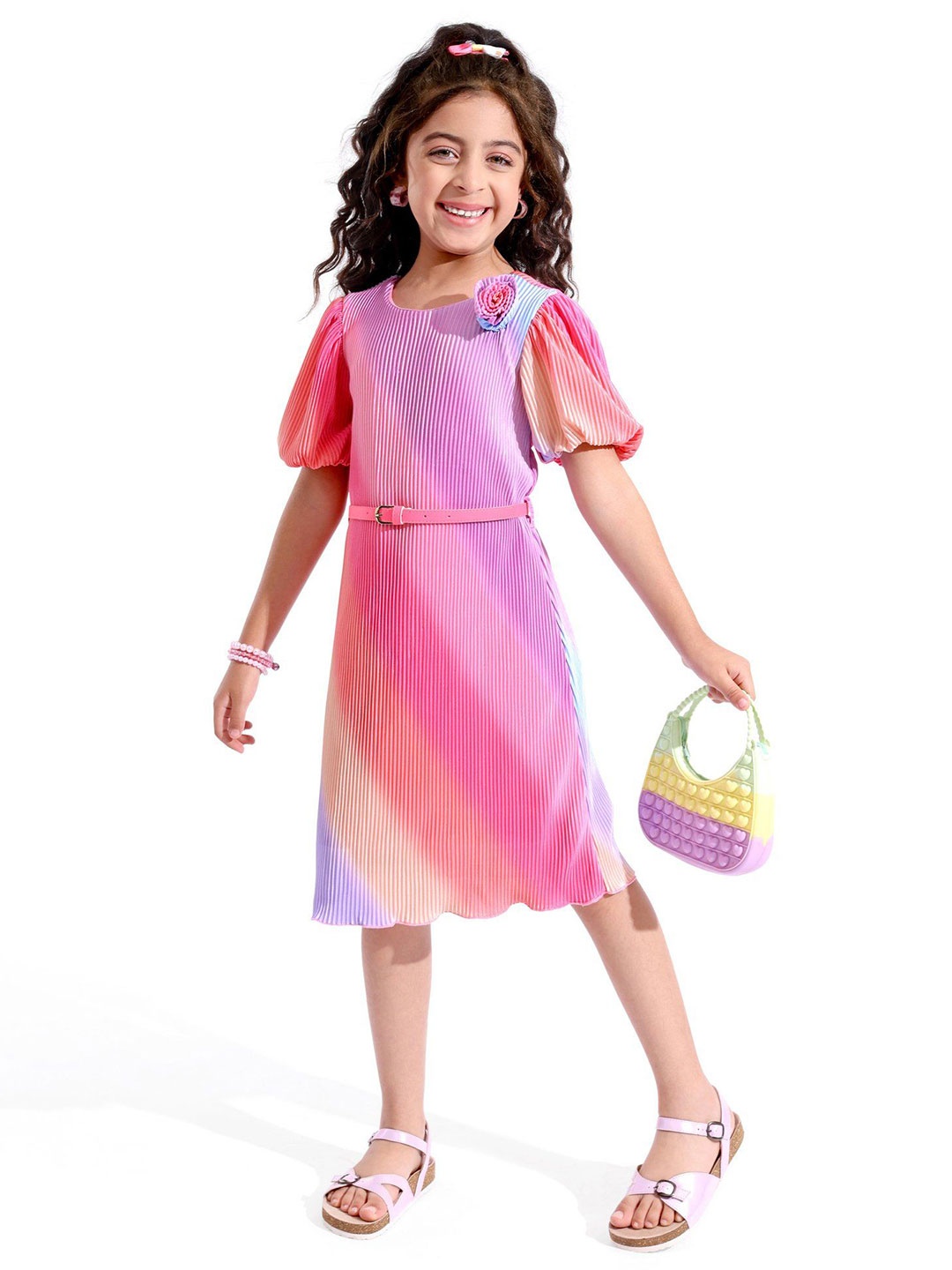 

Hola Bonita Girls Puff Sleeves A-Line Dress, Pink