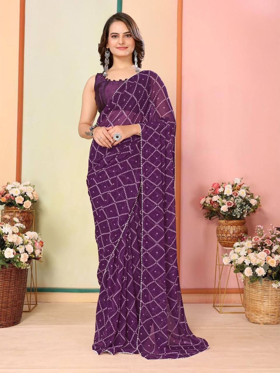 

AWRIYA Bandhani Pure Georgette Ready to Wear Bandhani Saree, Purple