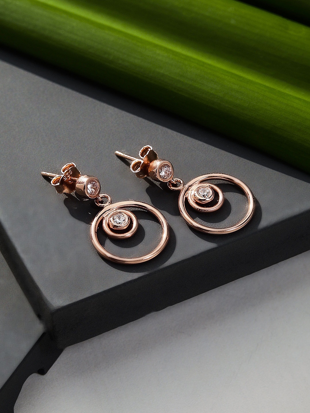 

DIAVO Rose Gold Plated 925 Sterling Silver CZ Studded Contemporary Drop Earrings