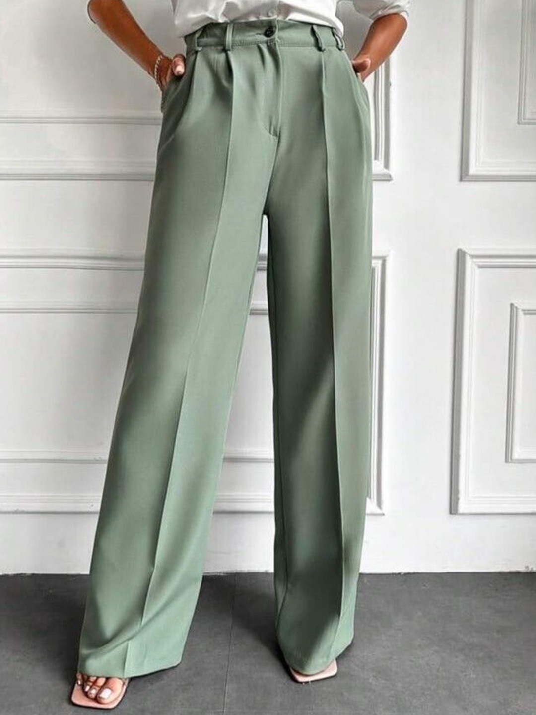 

BROADSTAR Women Smart Loose Fit High-Rise Korean Pants Trouser, Green