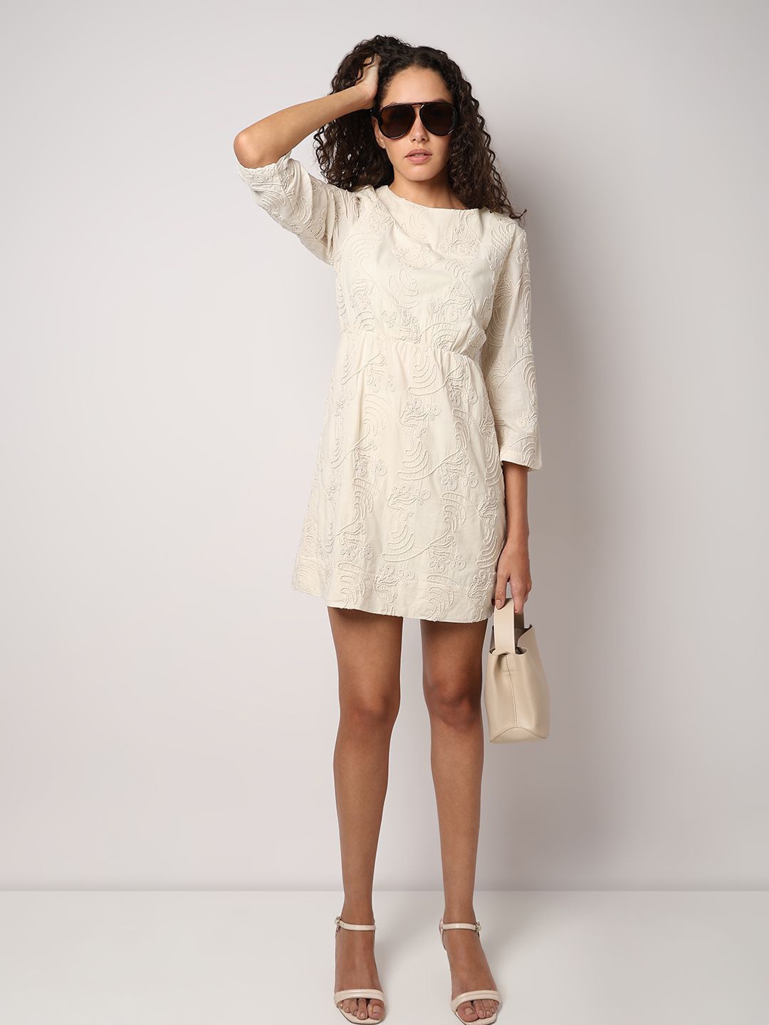 

Vero Moda Floral Embroidered Fit & Flare Dress, Beige