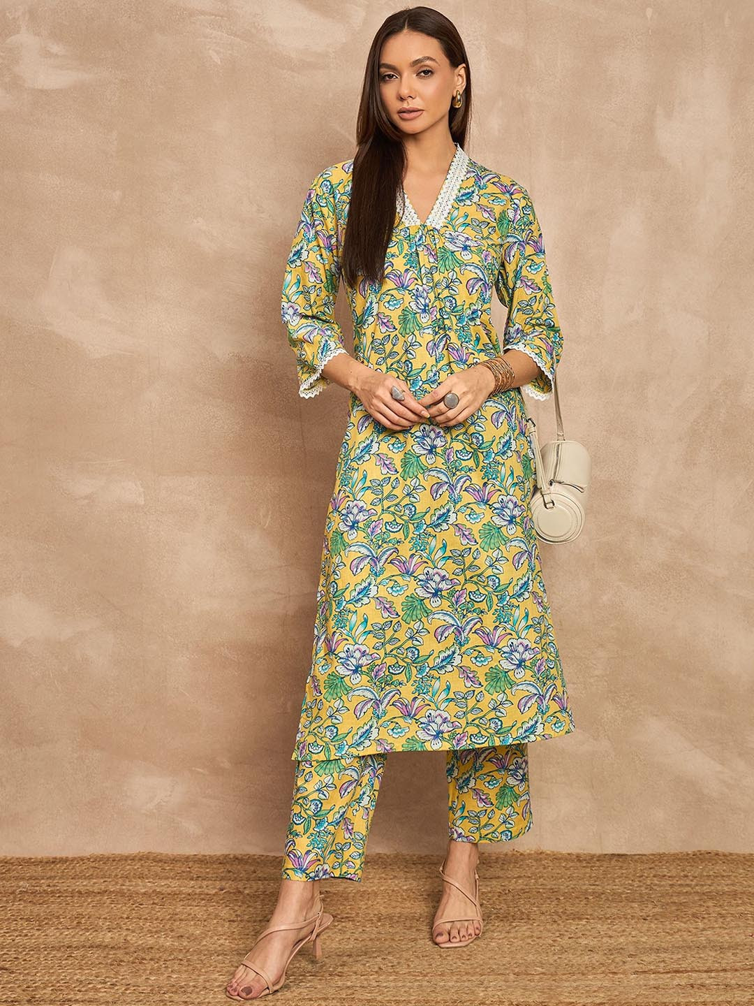 

all about you Women Floral Printed Regular Pure Cotton Kurta with Palazzos, Yellow