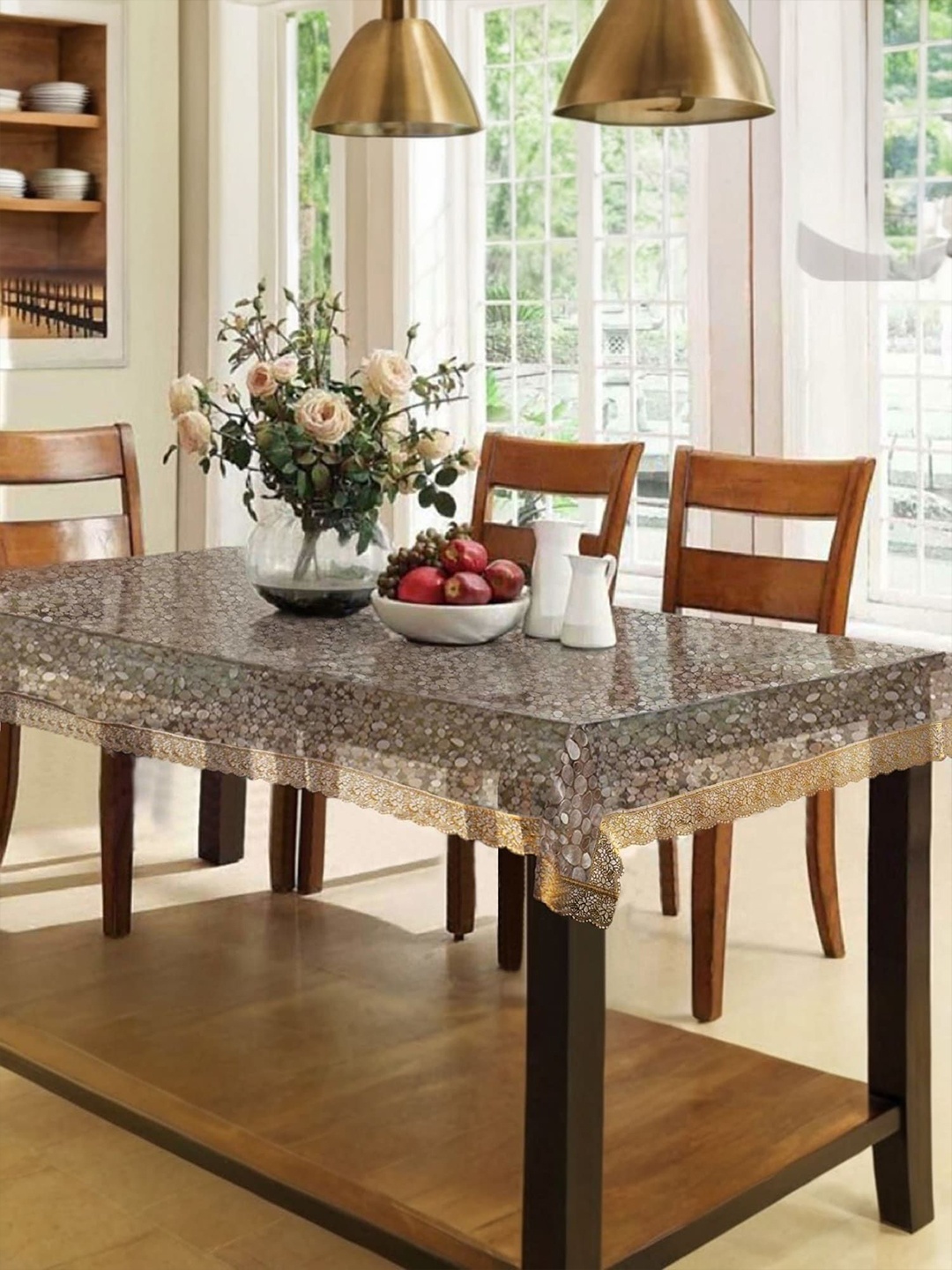 

Kuber Industries Gold-Toned Floral Plastic 6-Seater Table Cover