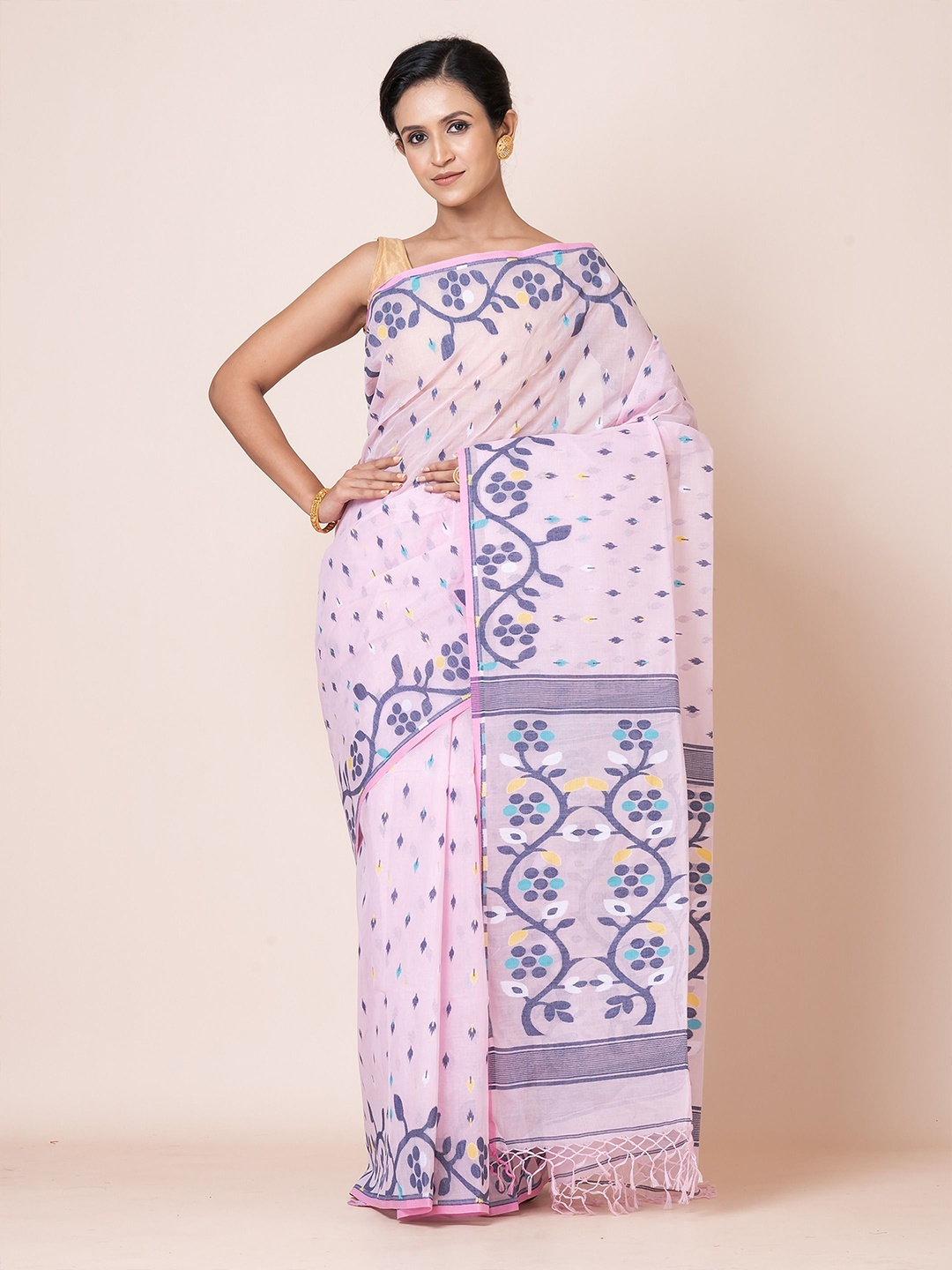

PUKU Ethnic Motifs Pure Cotton Heavy Work Jamdani Saree, Pink