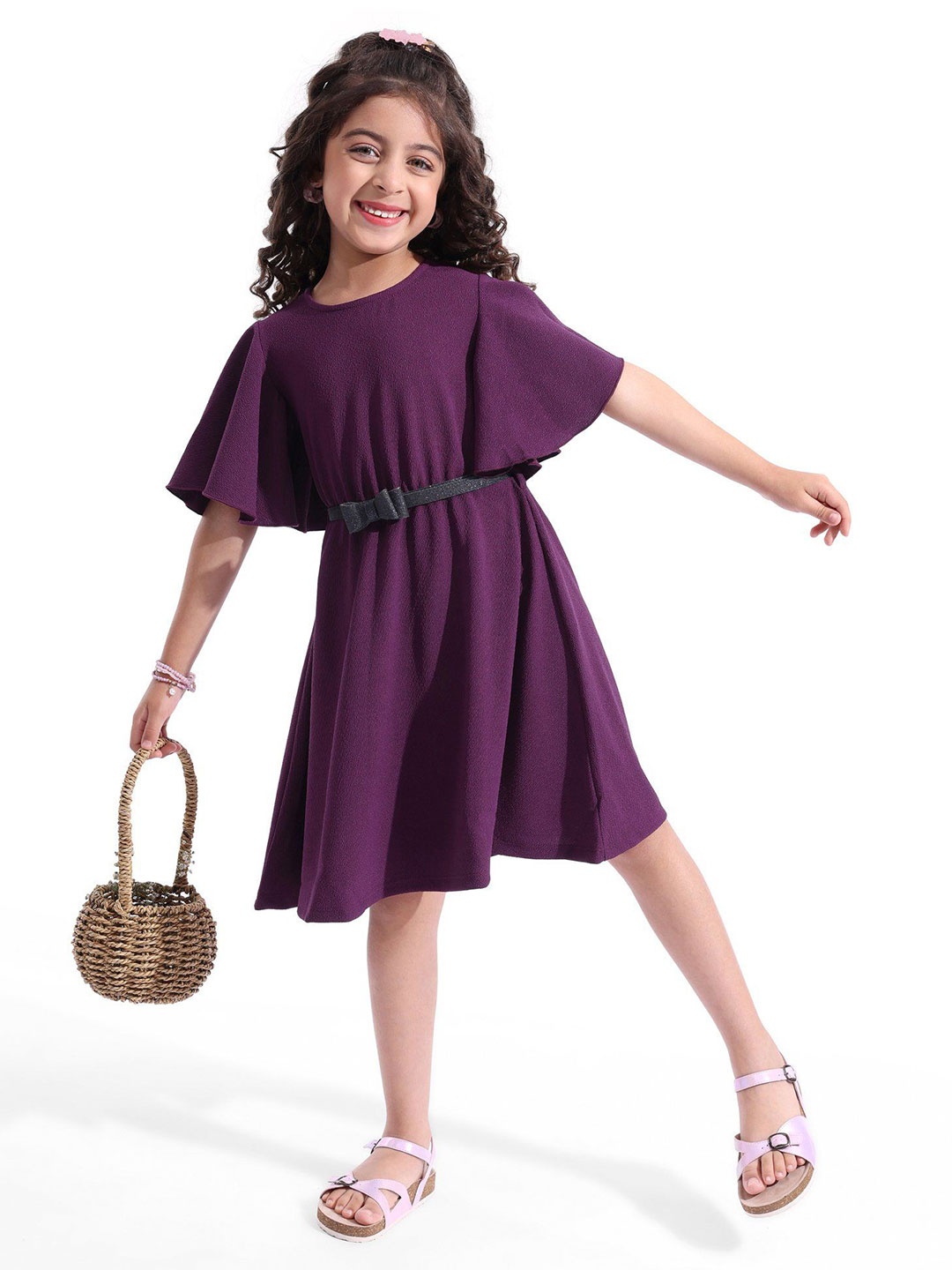 

Hola Bonita Girls Flared Sleeve Fit & Flare Dress, Purple