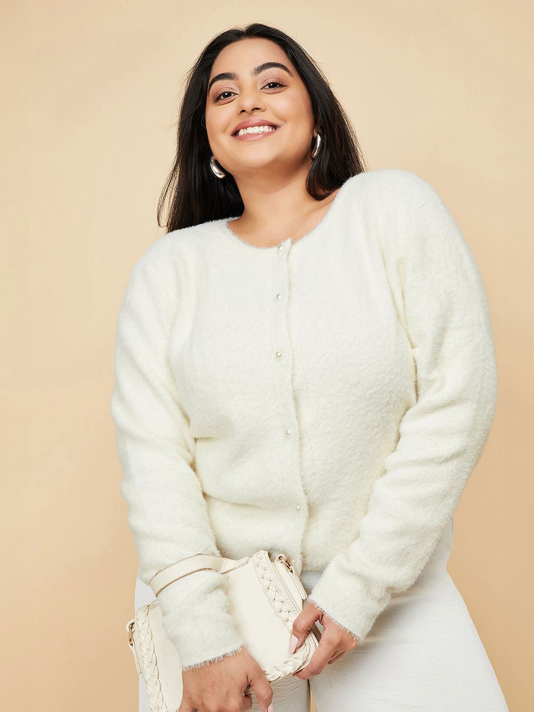 

max Women Long Sleeves Round Neck Front-Open Plus Size Sweaters, White