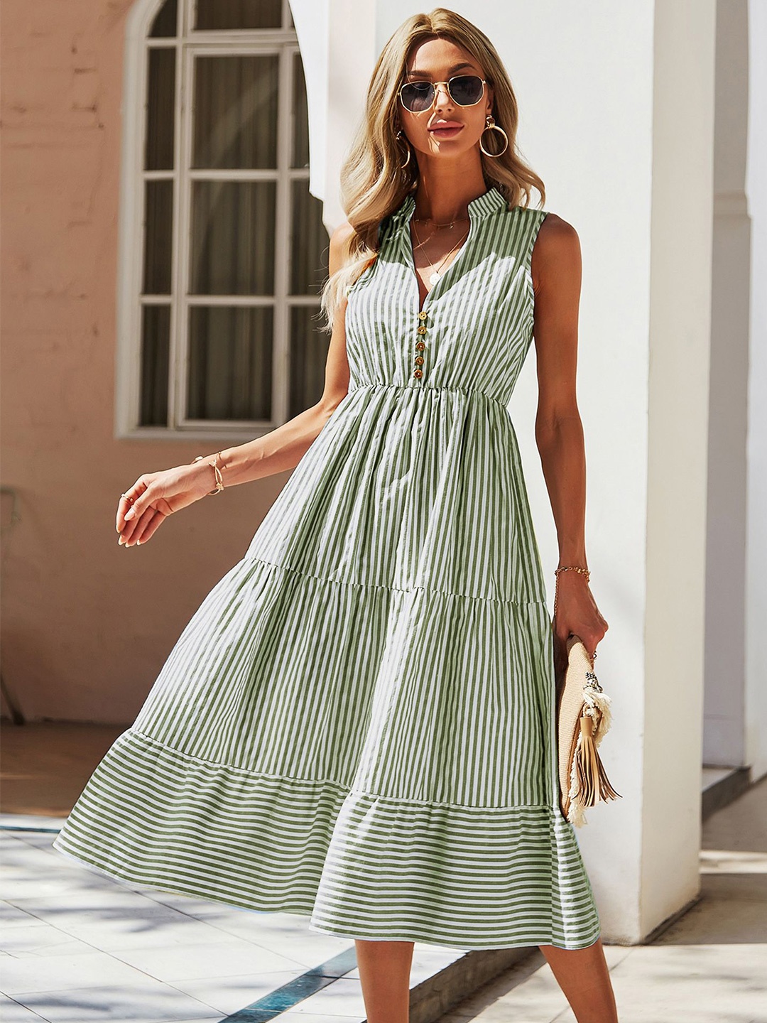 

StyleCast x Revolte Women Striped Tiered Fit & Flare Dress, Green