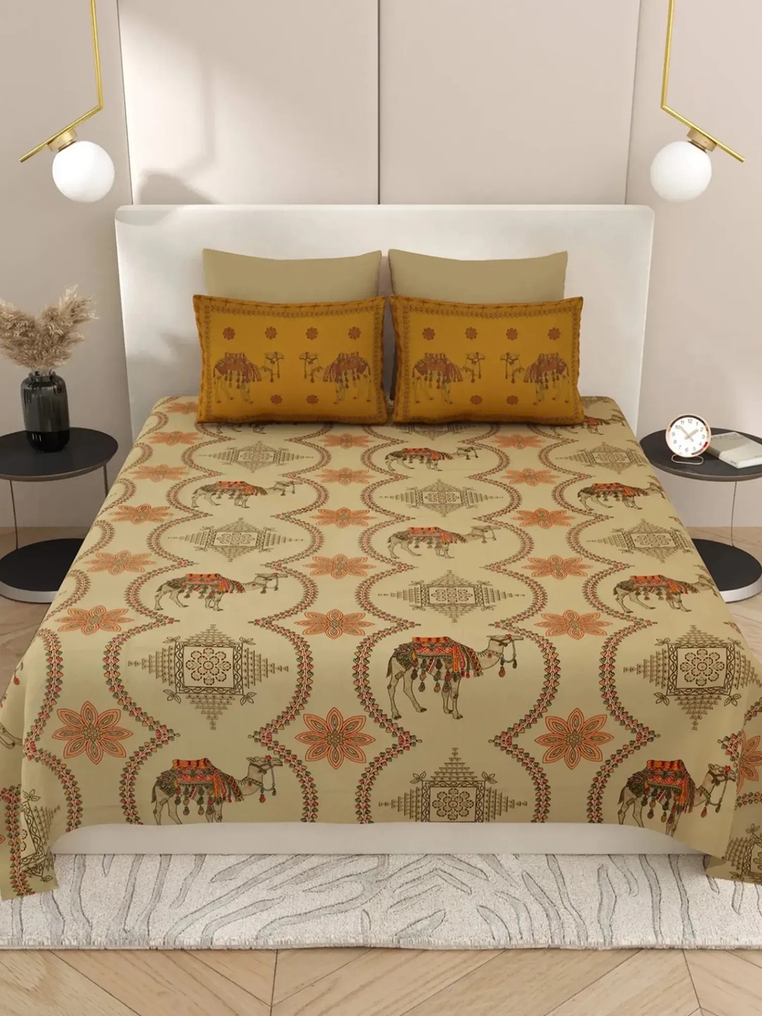 

LIVING ROOTS Super King Size Jaipur Block Print Cotton Double Bedsheet & 2 Pillow Covers, Brown