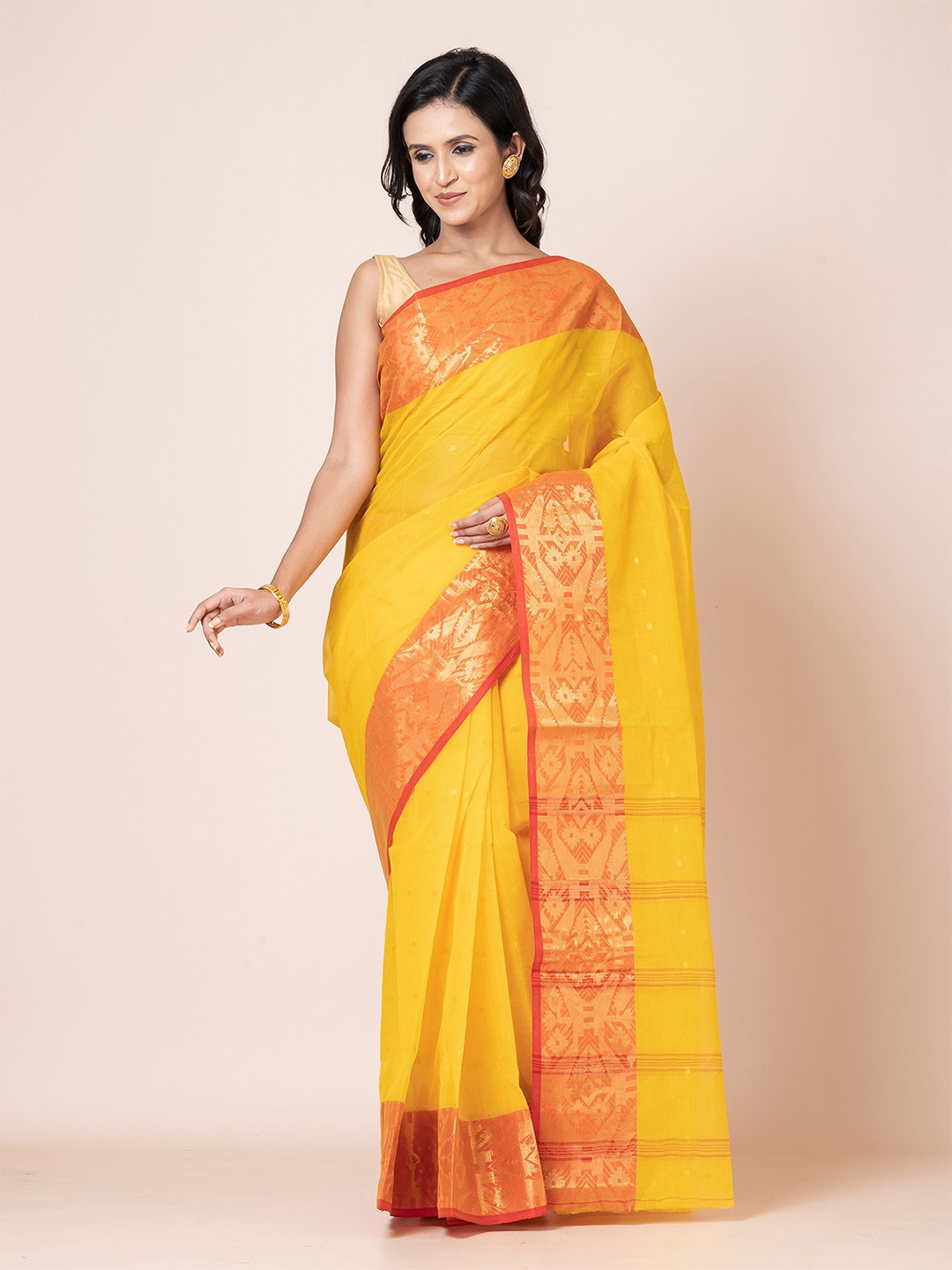 

PUKU Ethnic Motifs Zari Pure Cotton Saree, Yellow