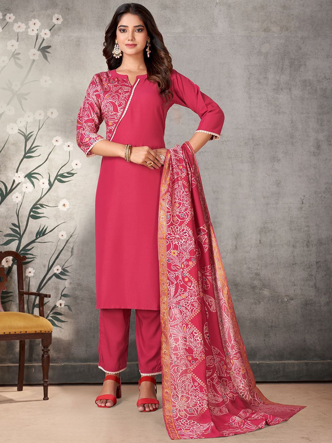

KALINI Women Ethnic Motifs Printed Regular Kurta with Palazzos & With Dupatta, Pink