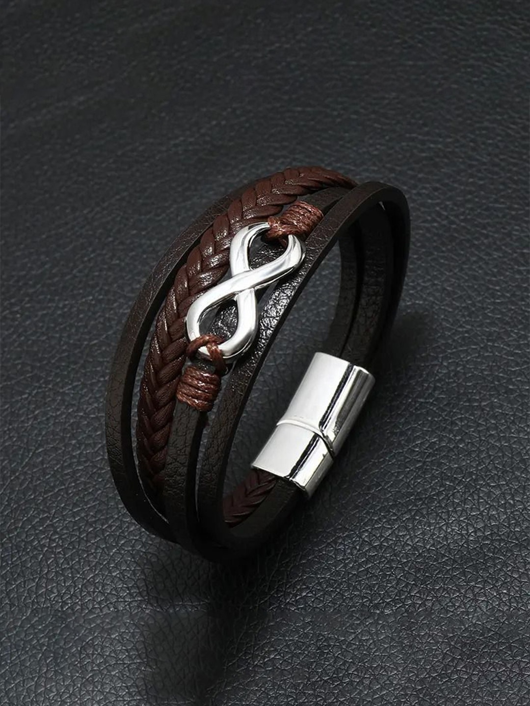 

MEENAZ Men Leather Oxidised Silver-Plated Multistrand Bracelet