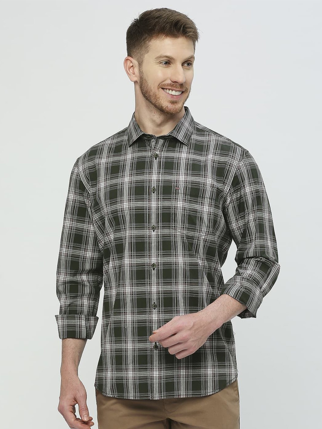 

Basics Men Slim Fit Shepherd Checks Opaque Checked Casual Shirt, Green