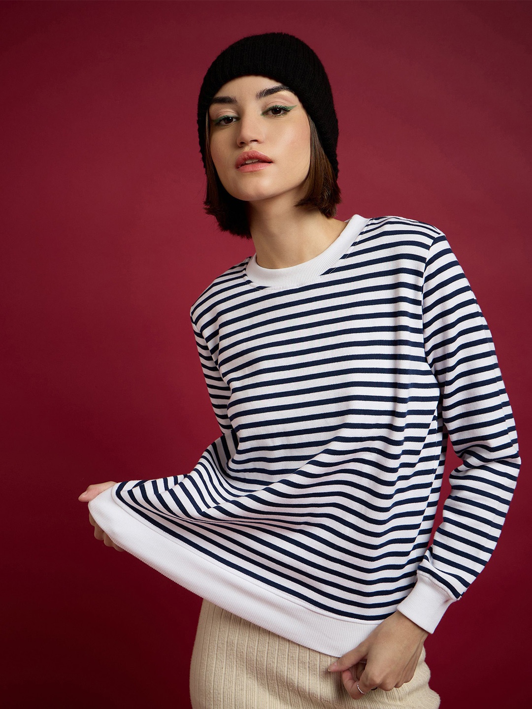 

SASSAFRAS Women Striped Sweatshirt, Navy blue