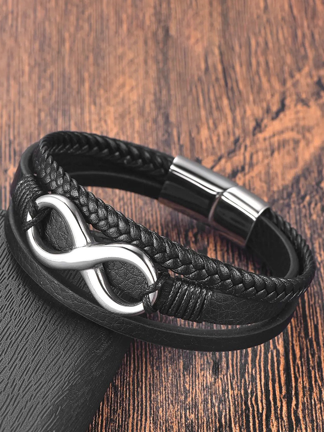 

MEENAZ Men Leather Silver-Plated Multistrand Bracelet