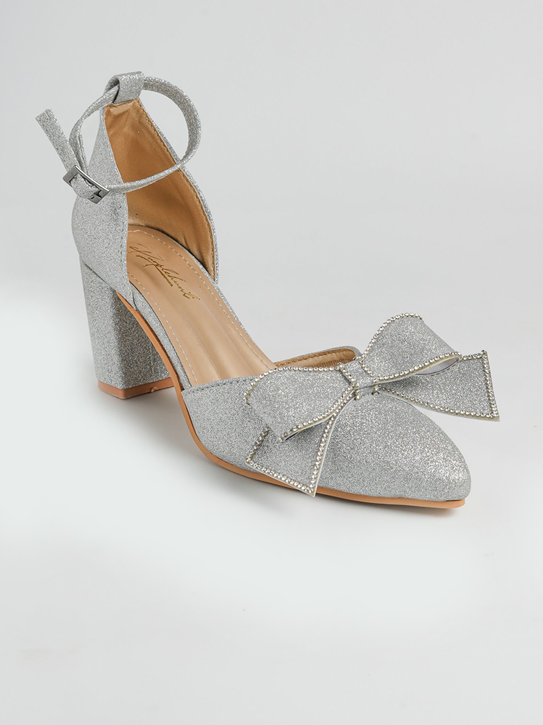 

PURPLEHUNT Printed PU Slim Heeled Peep Toes with Bows, Silver