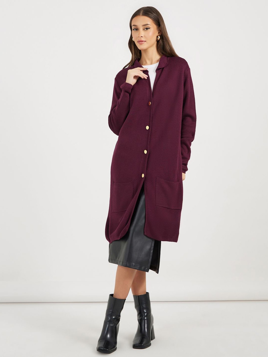 

Styli Collared Long Length Acrylic Cardigan, Red