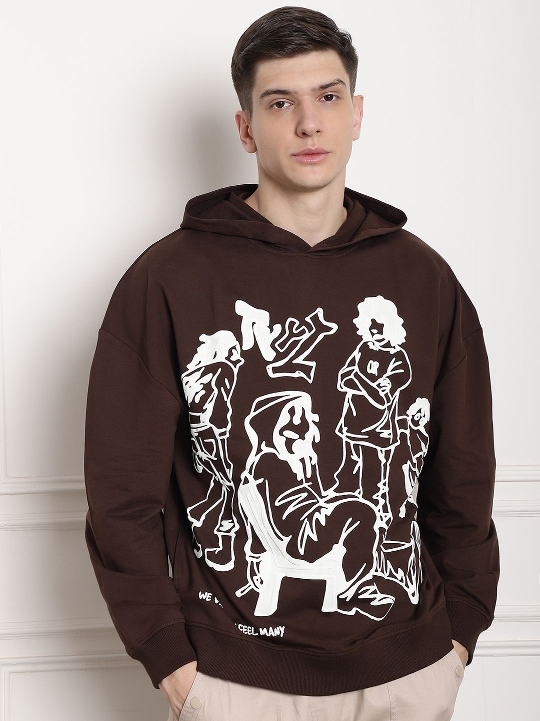 

DOOR74 Men Printed Hooded Sweatshirt, Brown