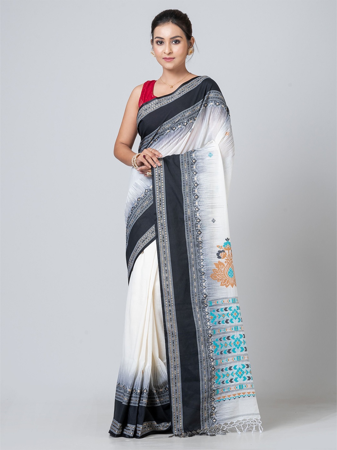 

PUKU Ethnic Motifs Woven Design Pure Cotton Jamdani Saree, Off white