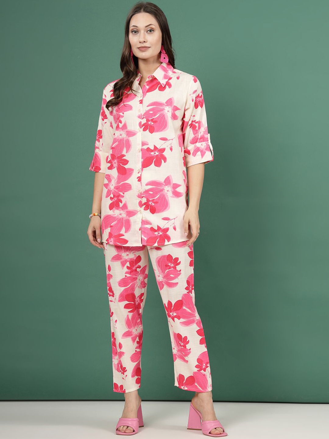 

Clora Creation Shirt Collar Printed Shirt With Trousers, Pink