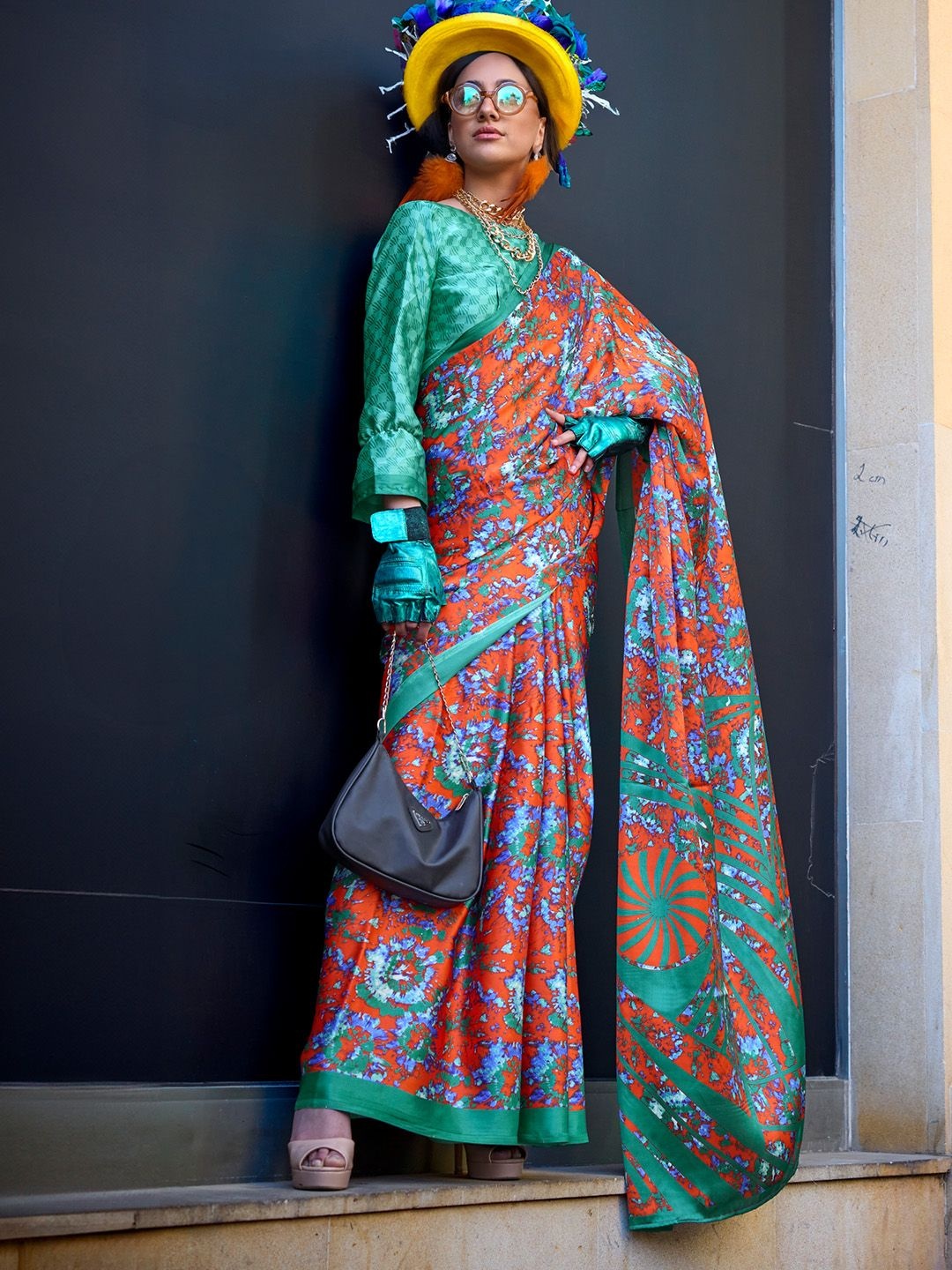 

Ishin Floral Printed Satin Saree, Green