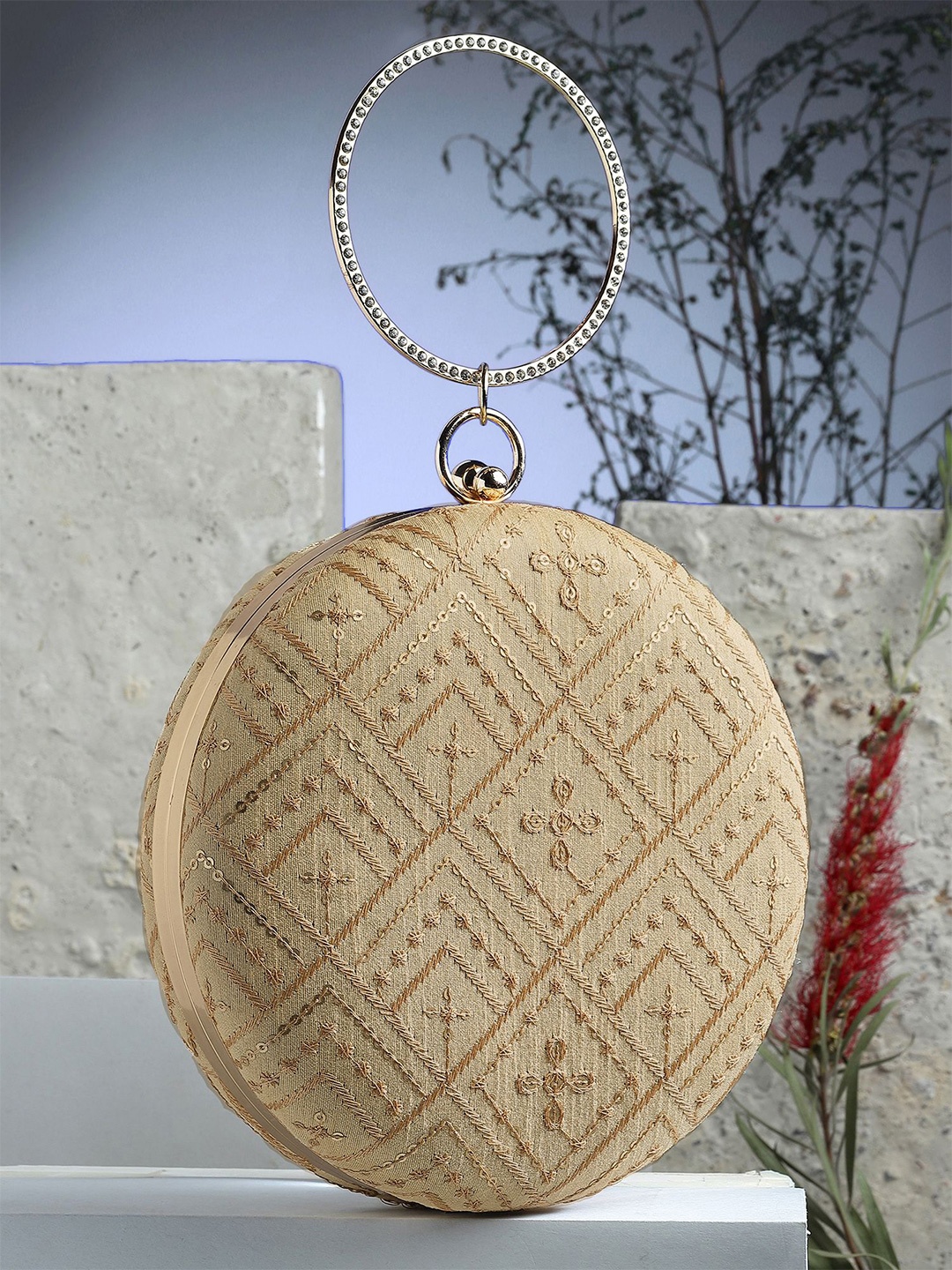 

Bohey by KARATCART Embroidered Box Clutch, Beige