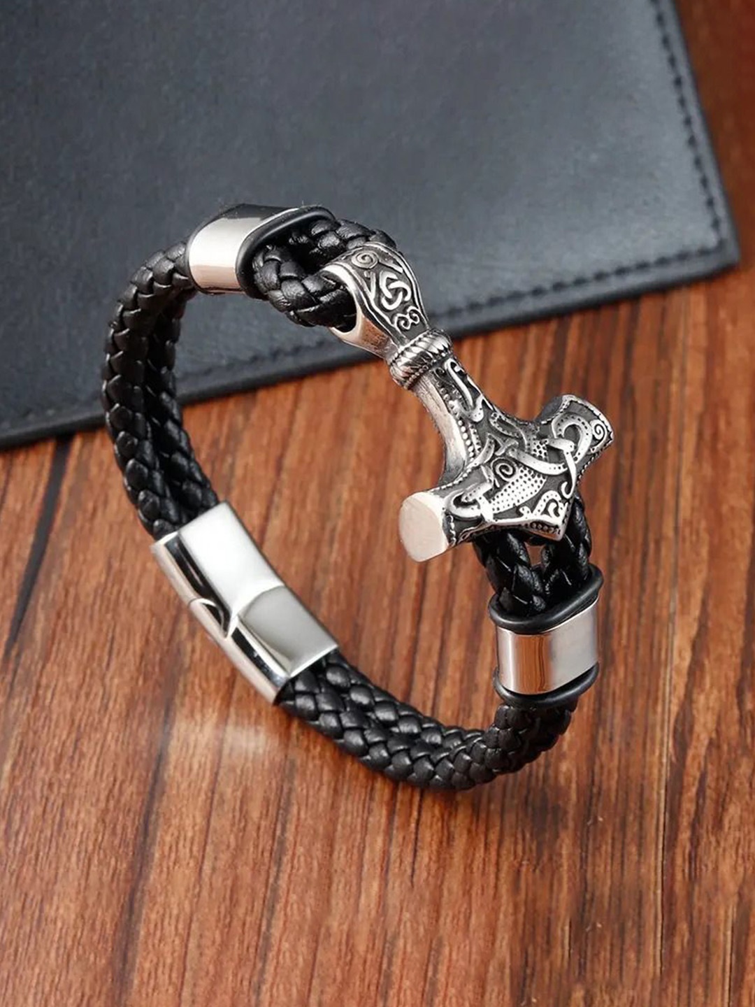 

MEENAZ Men Leather Oxidised Silver-Plated Wraparound Bracelet