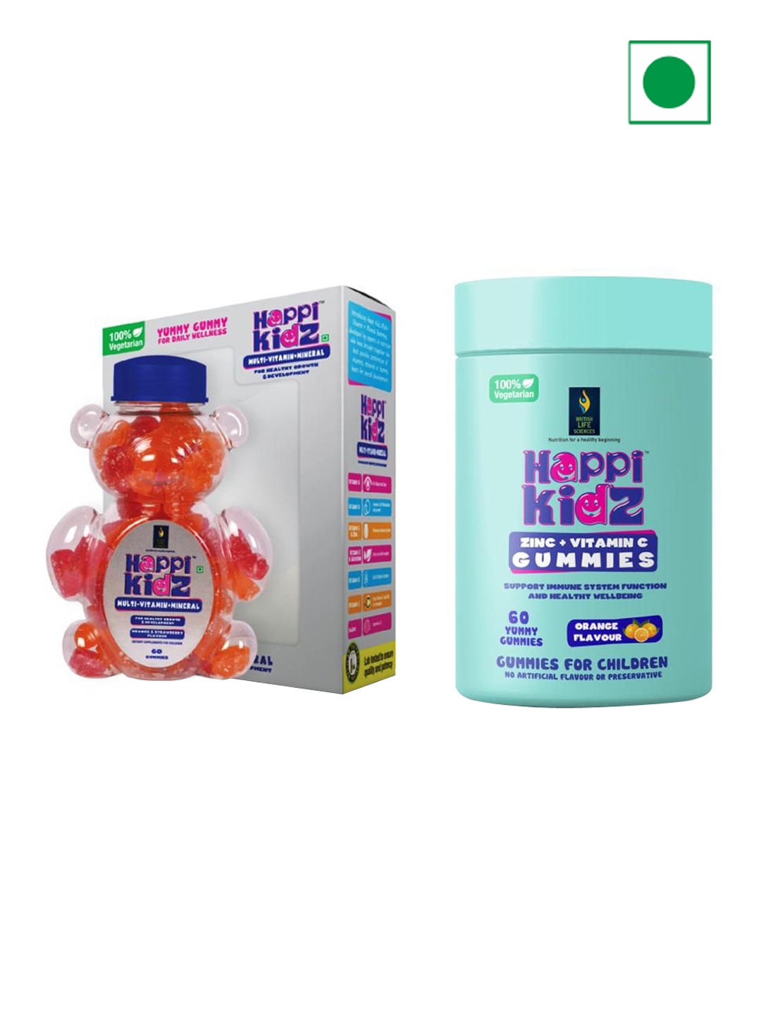 

British Life Sciences Set Of 2 Happi Kidz Multivitamin Minerals& Zinc & Vitamin C Gummies, White