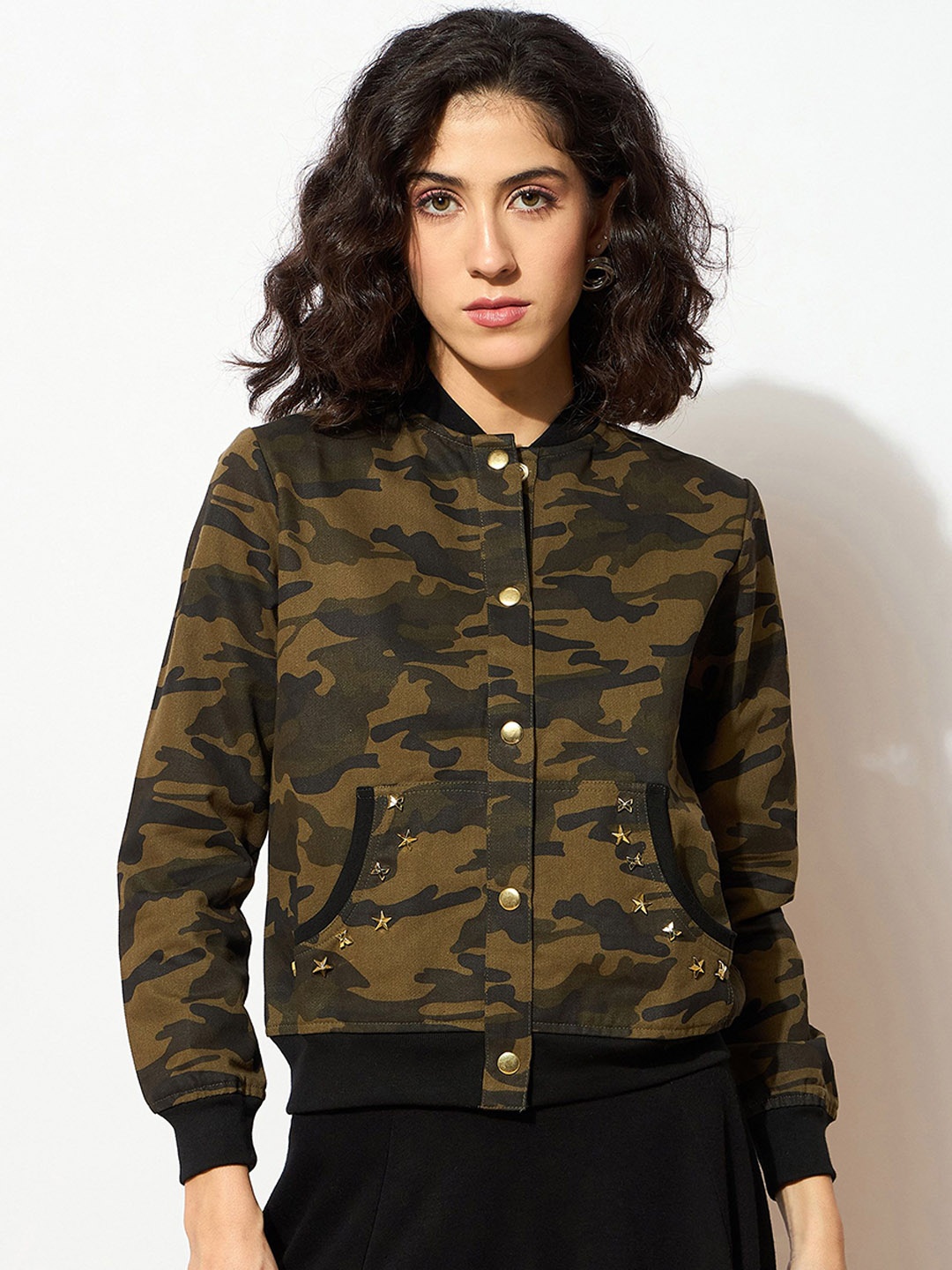 

SASSAFRAS Women Camouflage Crop Bomber Jacket, Olive