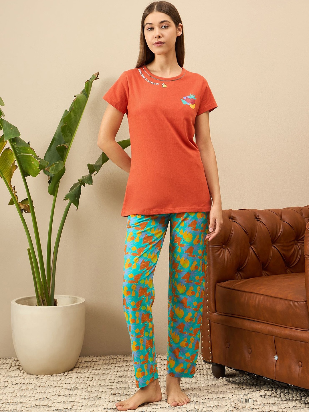 

July Women Graphic Printed Round Neck Short Sleeves Night suit, Orange