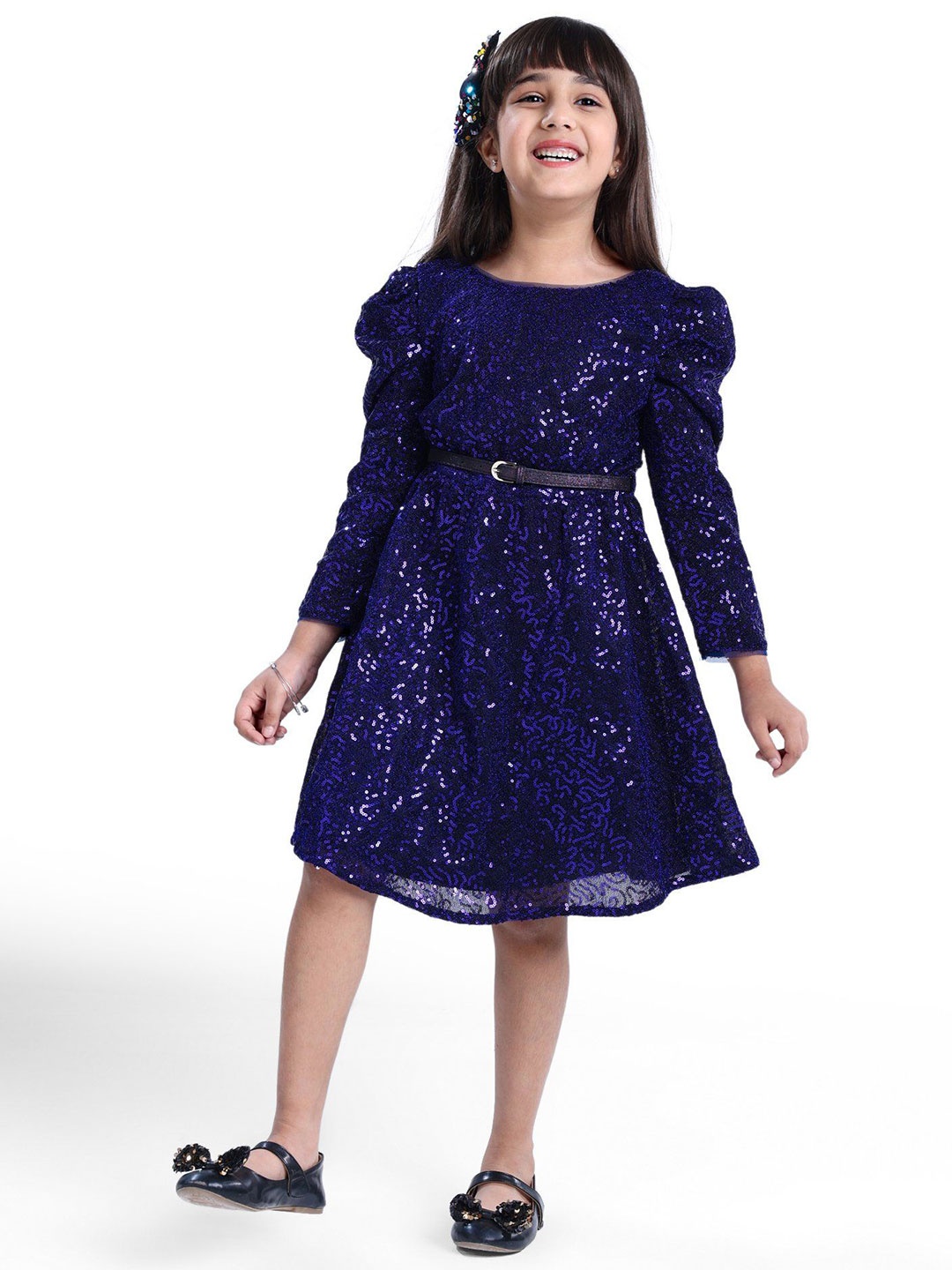 

Hola Bonita Girls Net Round Neck Fit & Flare Dress, Navy blue