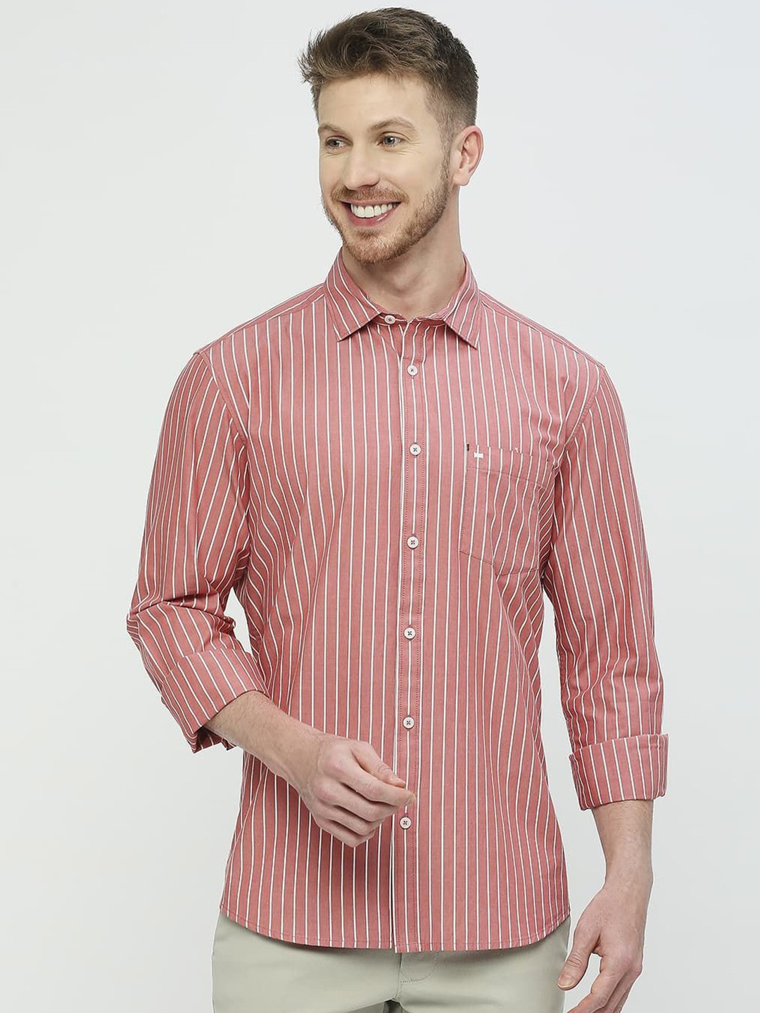 

Basics Men Slim Fit Pinstripes Opaque Striped Casual Shirt, Red