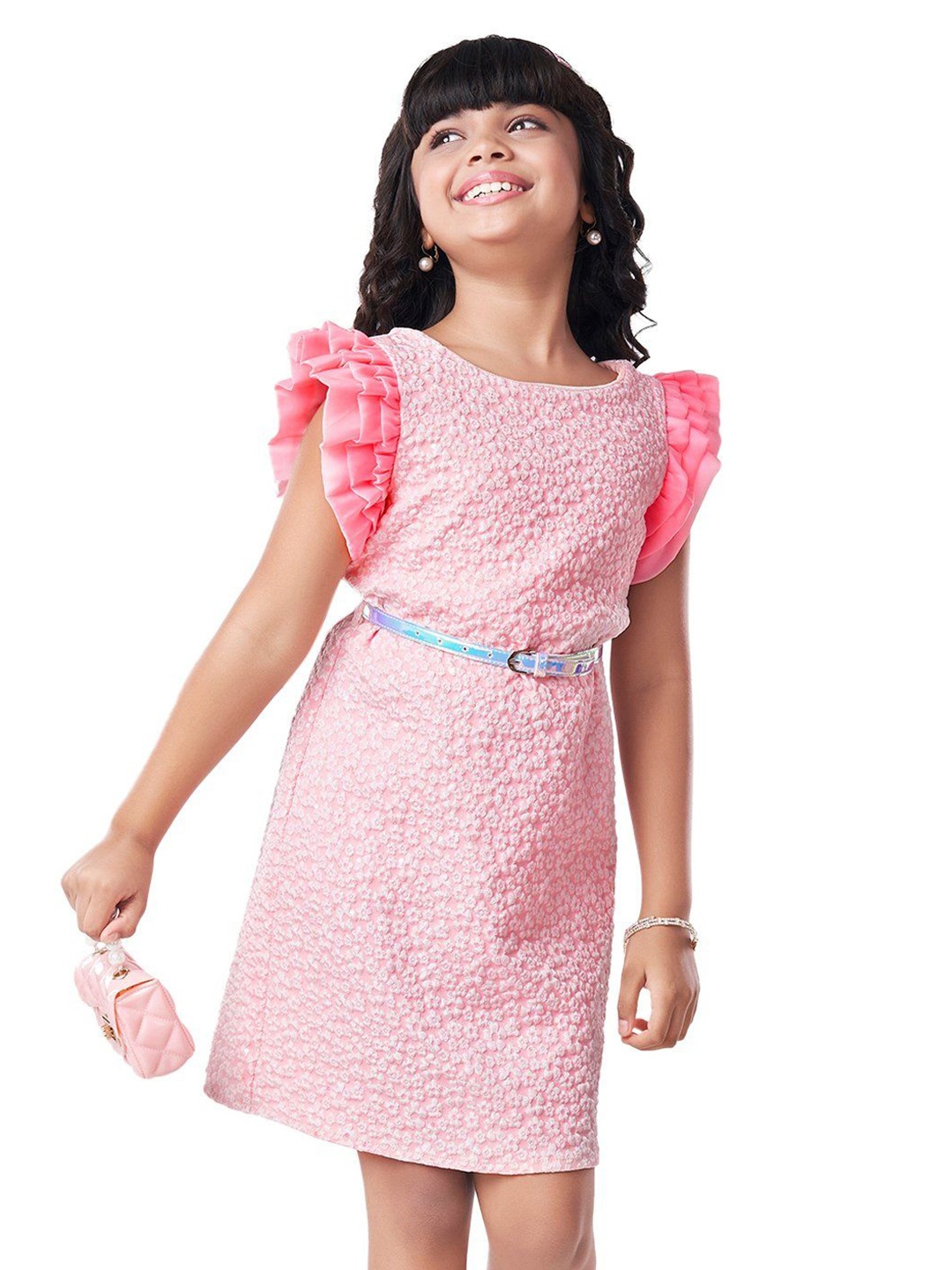 

Hola Bonita Girls Self Design A-Line Dress, Peach