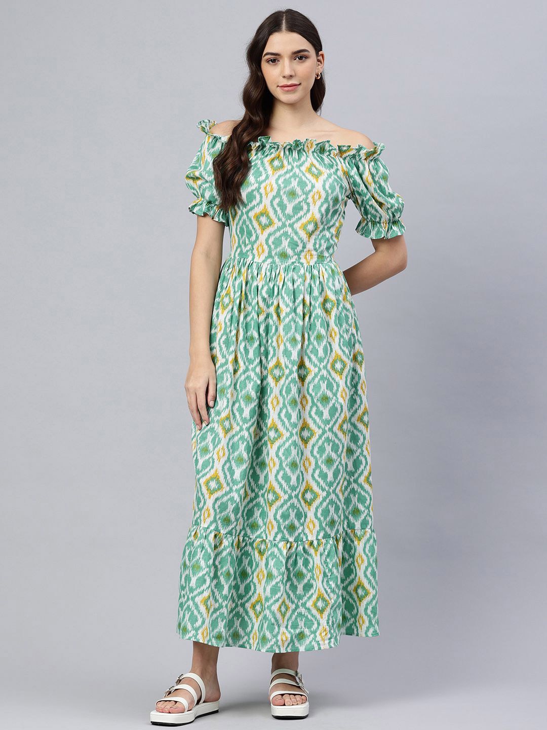 

Swishchick Printed Off-Shoulder Cotton Puff Sleeve Maxi Dress, Green