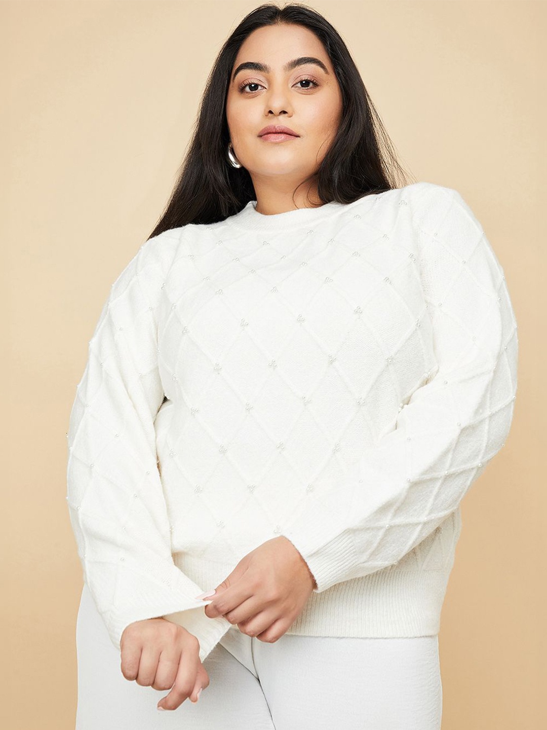 

max Women Long Sleeves Round Neck Plus Size Pullover Sweaters, White
