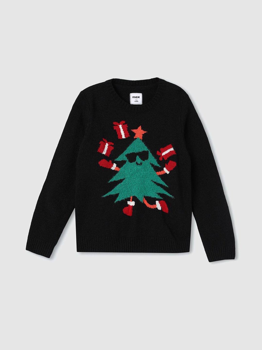 

max Boys Printed Round Neck Long Sleeves Pullover Sweater, Black